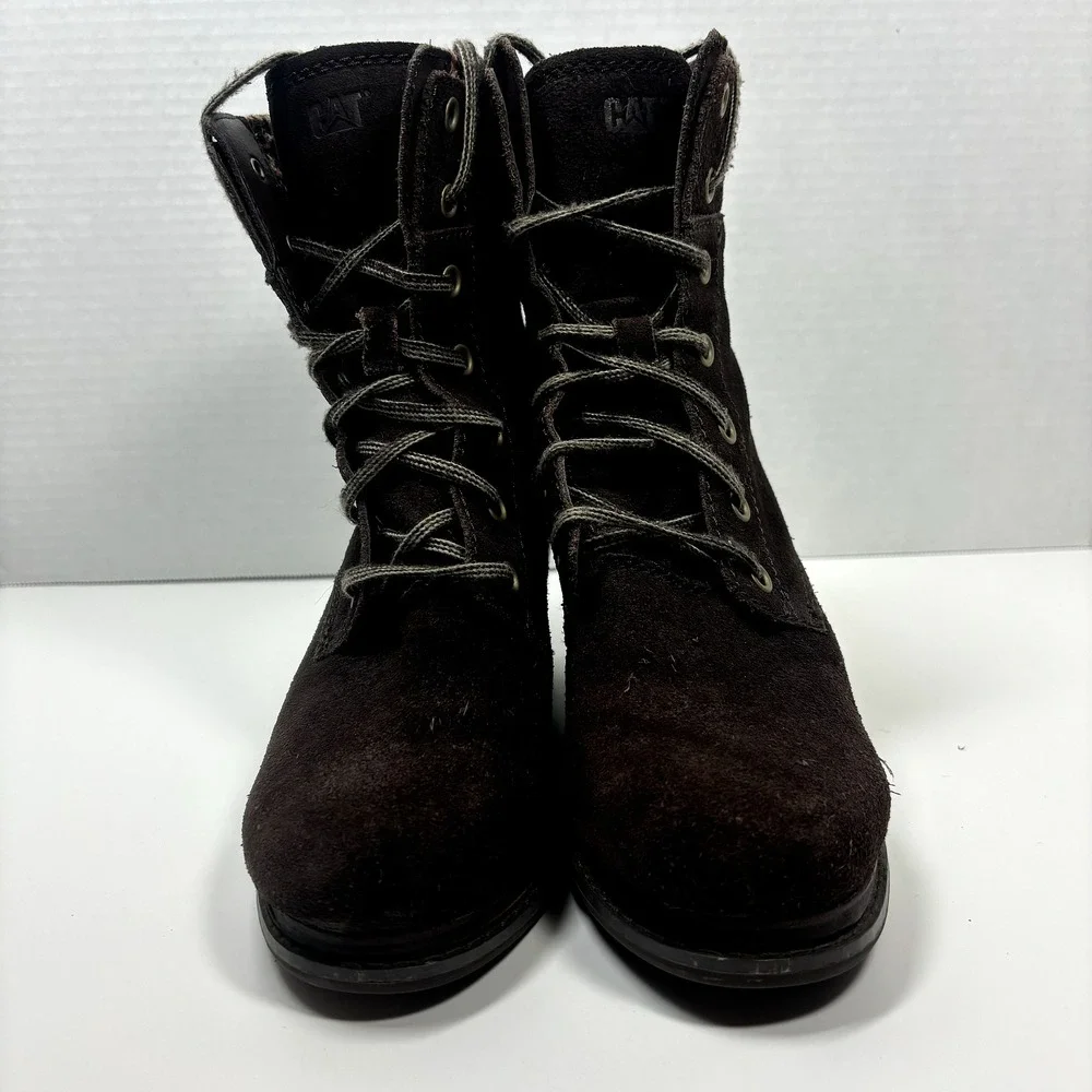 Caterpillar Women Boots Sz 7 CAT Bootie Wedge Heel Brown Suede Winter Shoe EUC